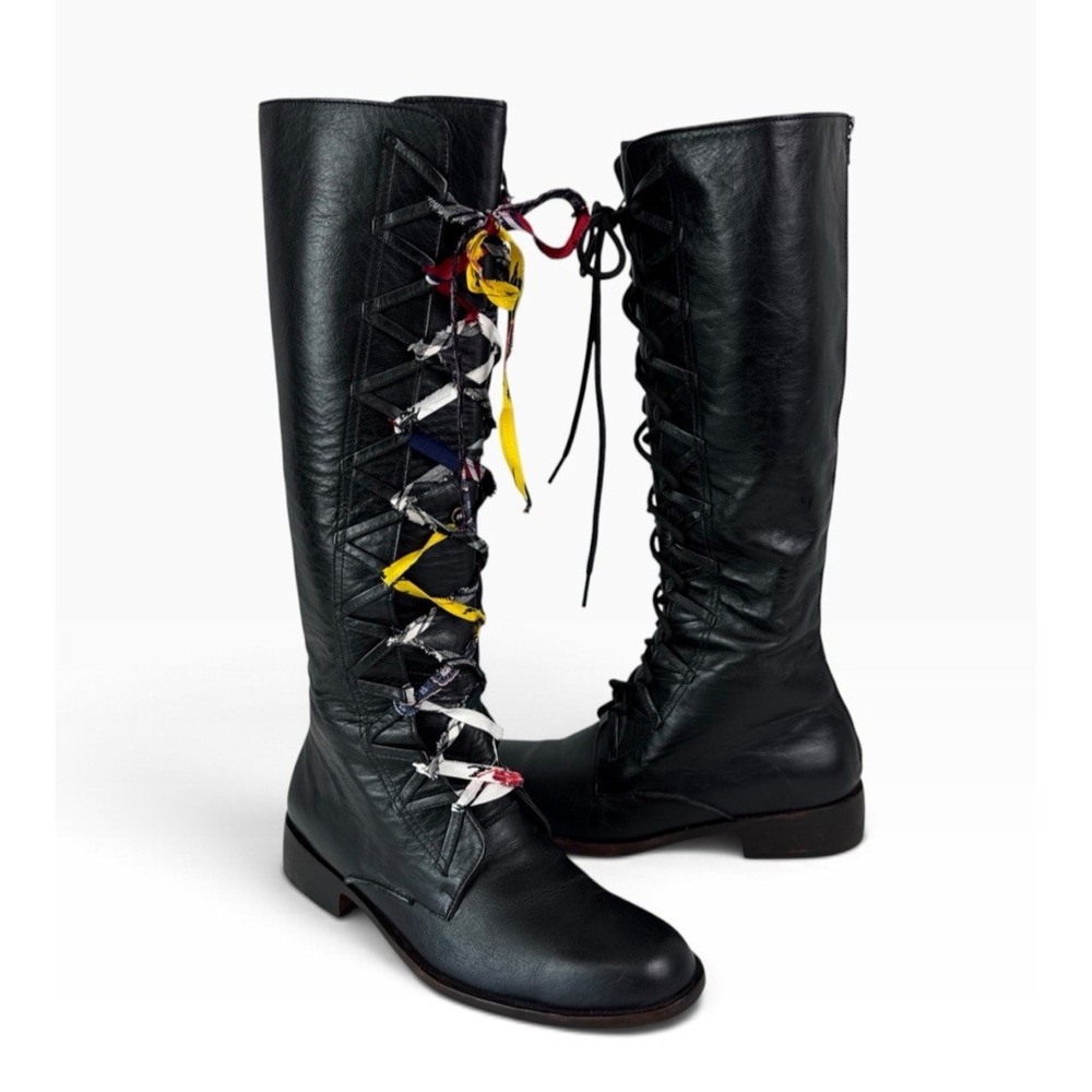 Esquivel Women's 9.5 Tall Black Leather Boots EUC 1-Multi Lace + New Pair Laces
